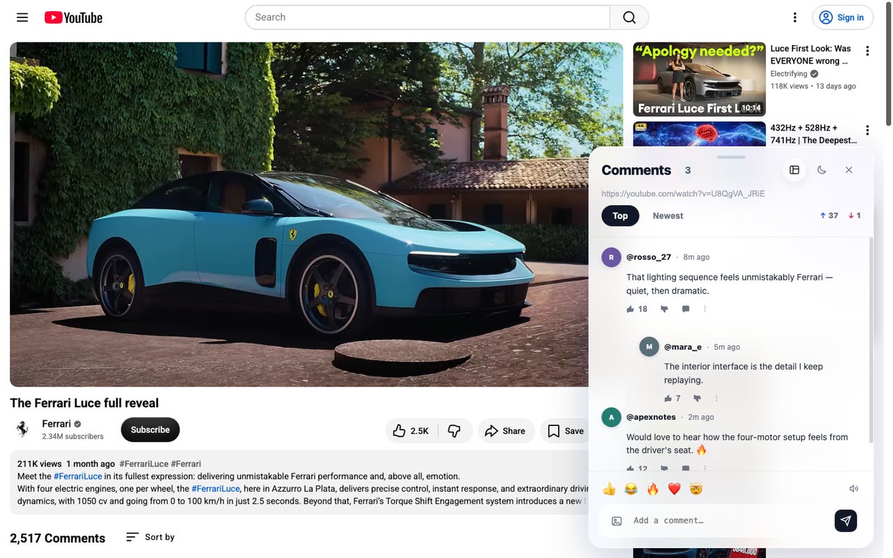 The real OpenBoard extension open on the right side of Ferrari's official YouTube video, with three illustrative comments and a threaded reply